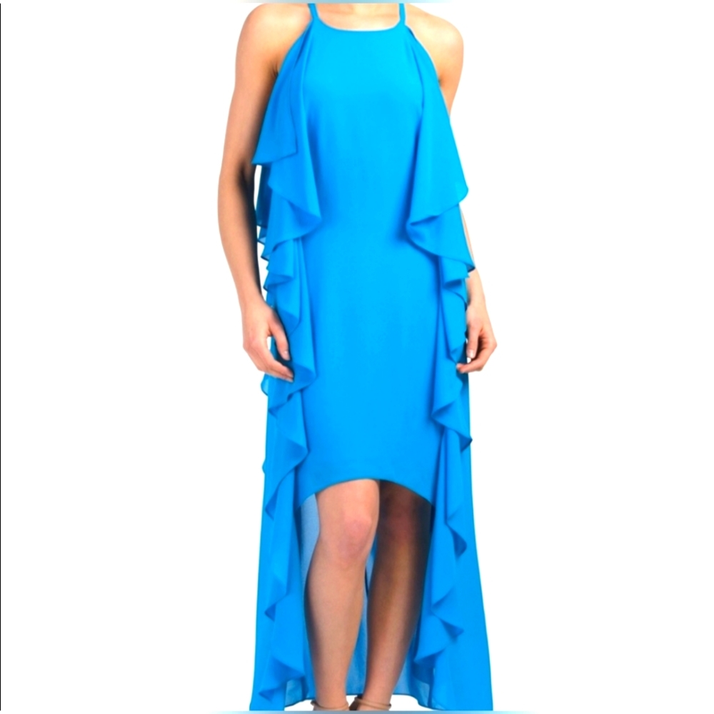 Belle Badgley Mischka hi-low Ruffle Hem Blue Formal Sleeveless Dress